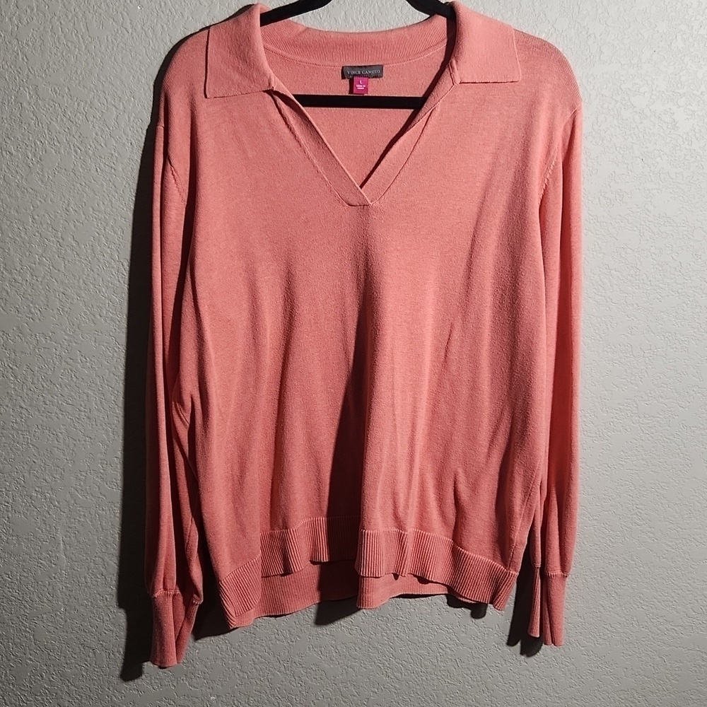 Vince Camuto Womens Sweater Size L Peach Longsleeve Pull Over V Neck Polo